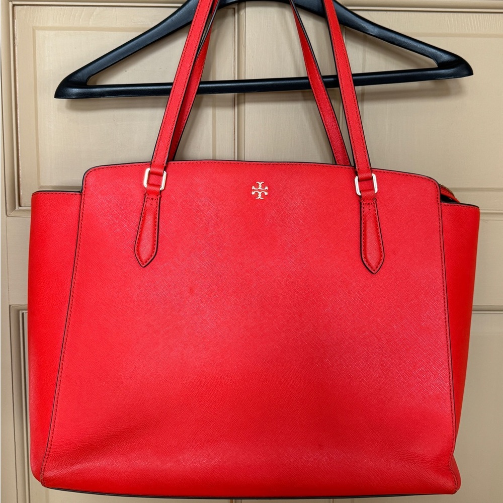 Tory Burch “bright samba” laptop tote with matching wallet.